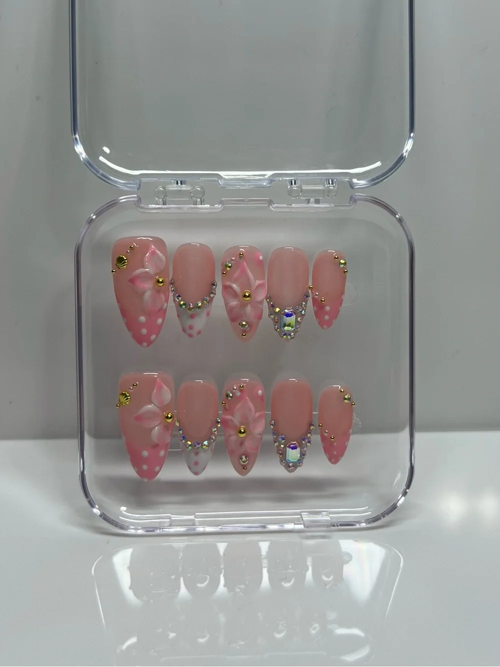 Handmade Pink Blossom 3D Flower Rhinestone Press-On Nails